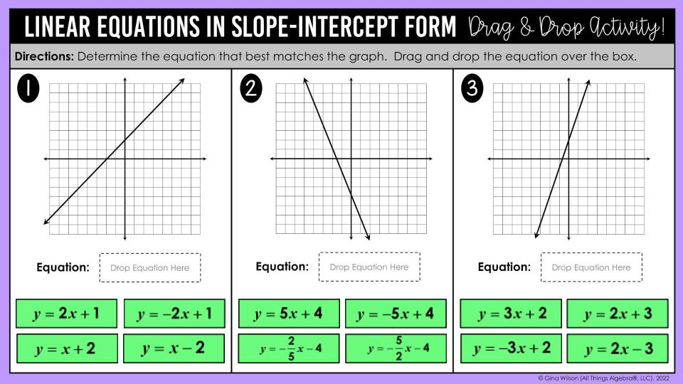 Linear Equations in Slope-Intercept Form Drag & Drop (1)