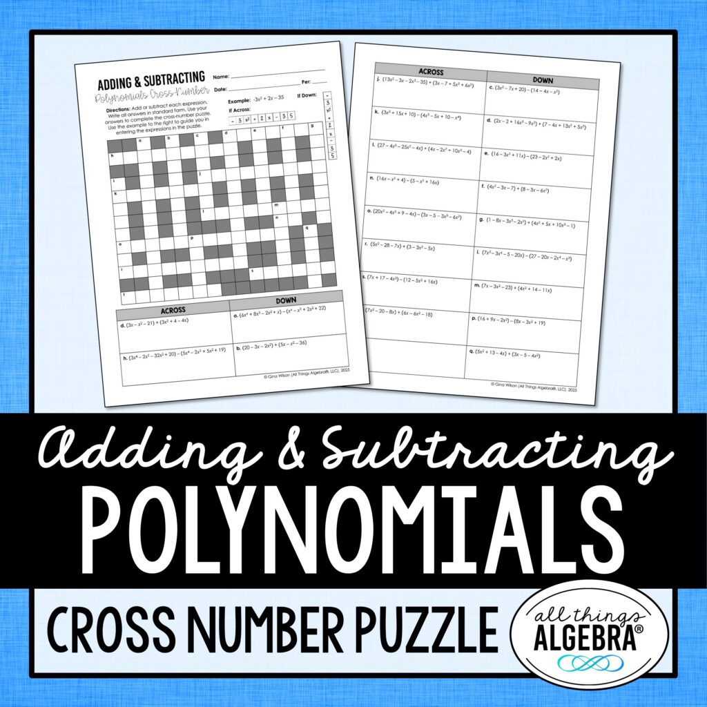 Adding & Subtracting Polynomials Cross Number Puzzle - All Things Algebra®