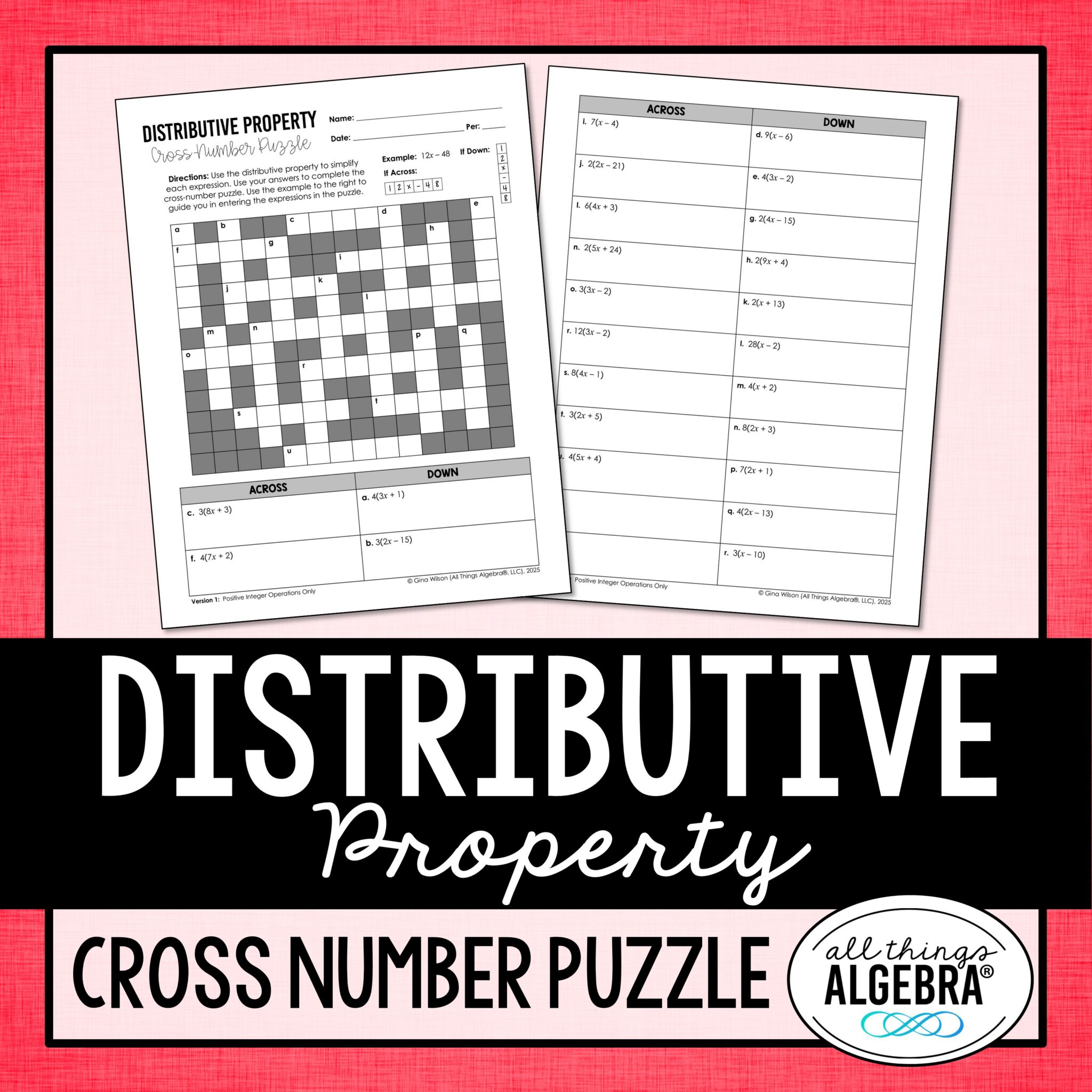 Distributive Property Cross Number Puzzle (Pos Integer Operations Only ...