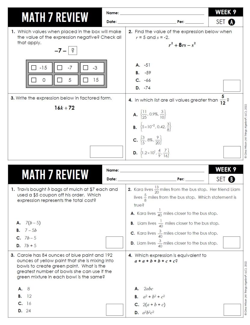 Math 7 Spiral Reviews - All Things Algebra®