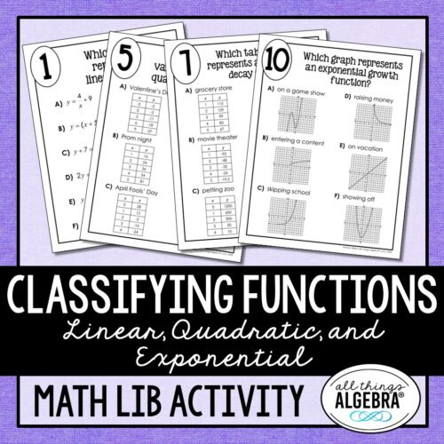 Classifying<br> Linear, Quadratic, & Exponential Functions<br> Math Lib Activity