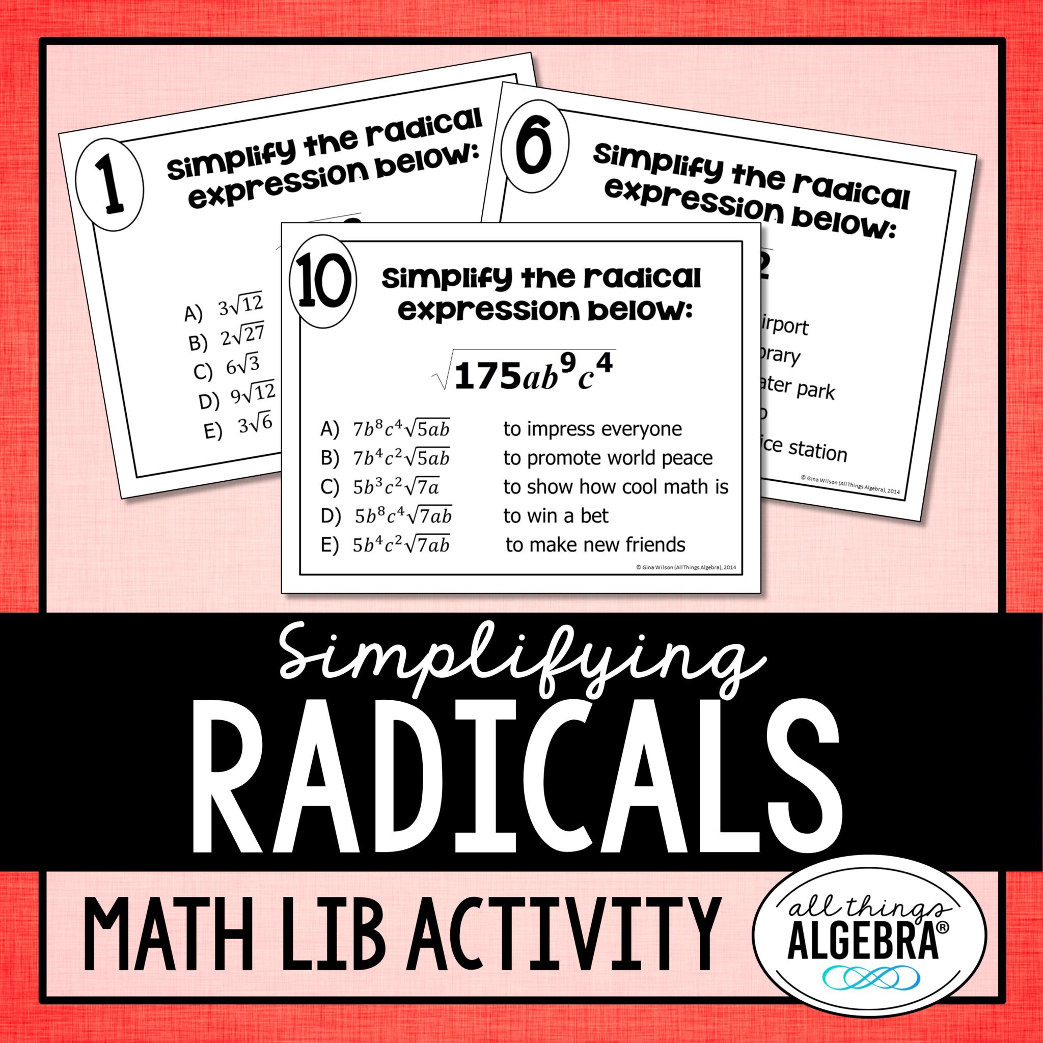 Simplifying Radicals (Square Roots Only) Math Lib Activity - All Things ...