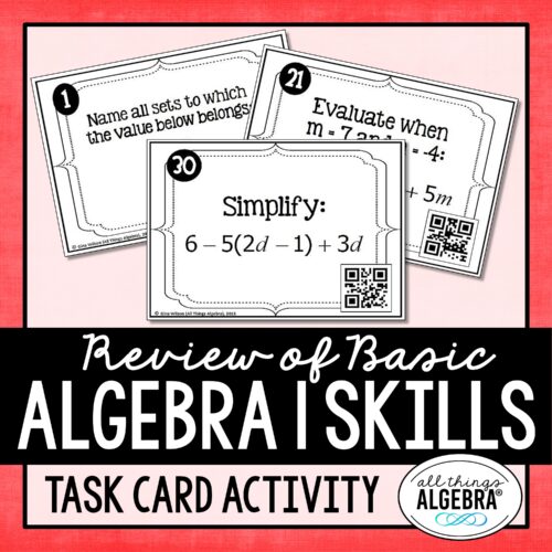 Basic Algebra 1 Skills Review Task Cards