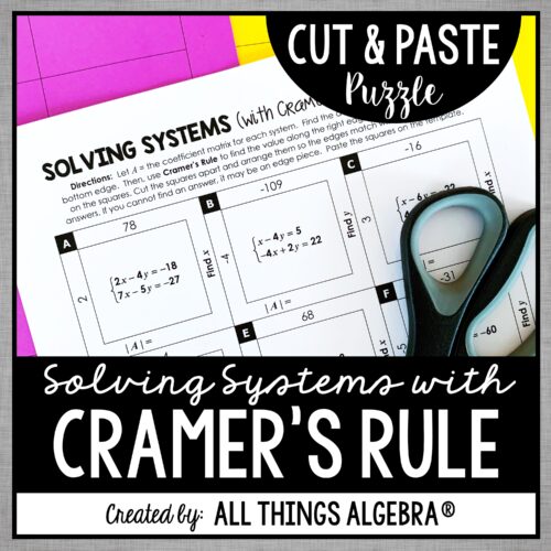 Solving System of Equations with Cramer's Rule Cut & Paste Puzzle