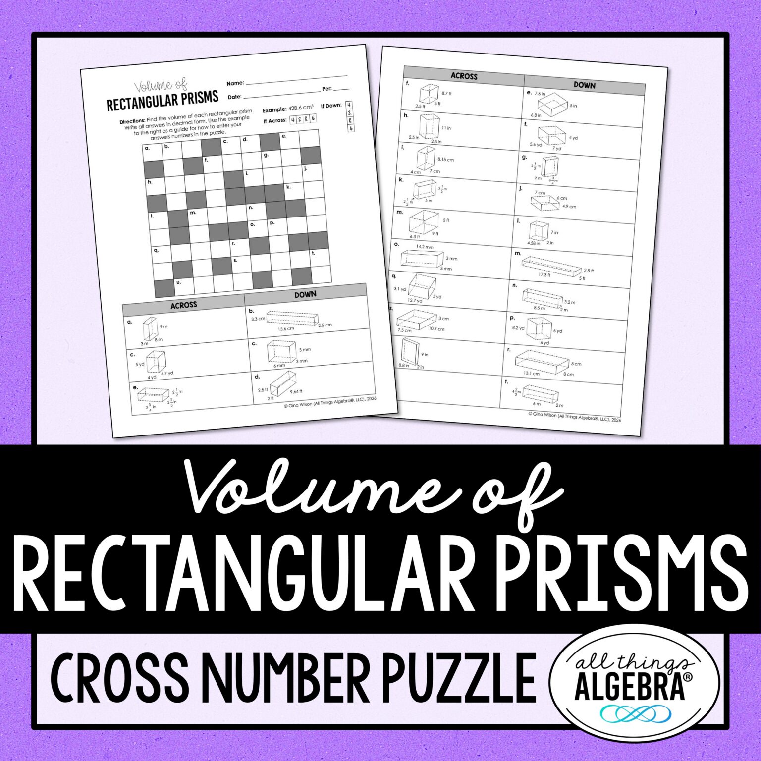 Rectangular Prisms Numbers Volume of Rectangular Prisms Cross Number Puzzle - All Things Algebra®