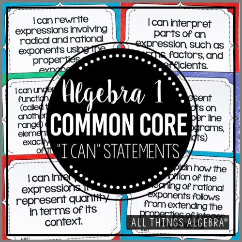 Algebra 1 Common Core I Can statement posters, color coded by category