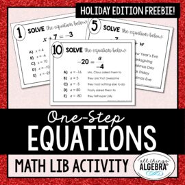 One-Step Equations Holiday Math Lib Activity free resource by All Things Algebra