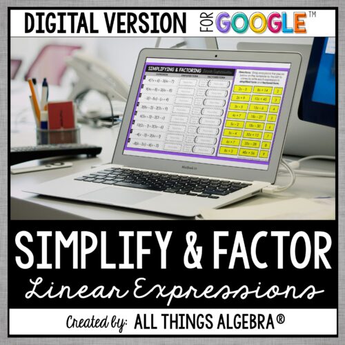 Simplifying & Factoring Linear Expressions digital drag and drop activity for Google Slides